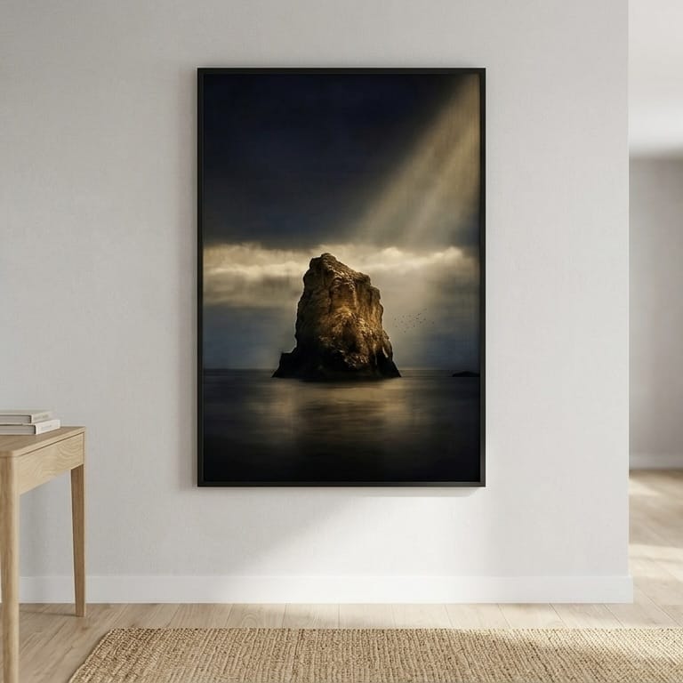 Seascape Wall Art: Moody Ocean Scene - Dark Blues and Gold Light