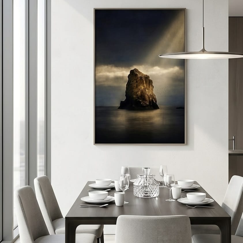 Seascape Wall Art: Moody Ocean Scene - Dark Blues and Gold Light