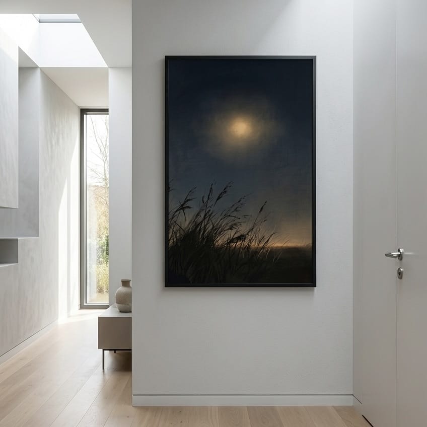 Atmospheric Moonlit Landscape Print - Indigo Sky with Warm Gold Light