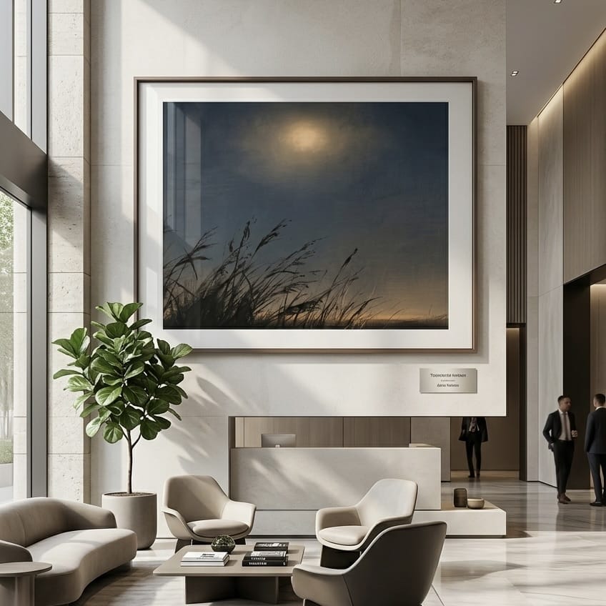 Atmospheric Moonlit Landscape Print - Indigo Sky with Warm Gold Light