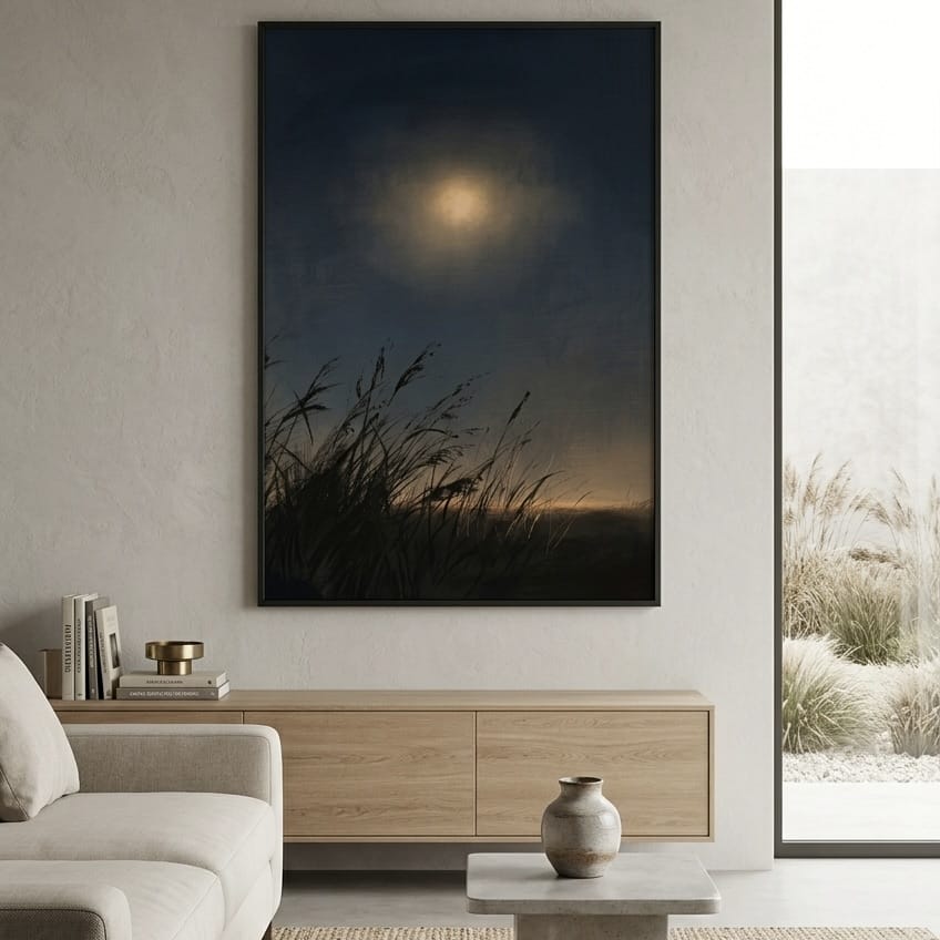Atmospheric Moonlit Landscape Print - Indigo Sky with Warm Gold Light