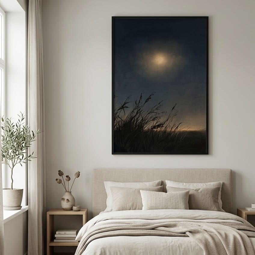 Atmospheric Moonlit Landscape Print - Indigo Sky with Warm Gold Light