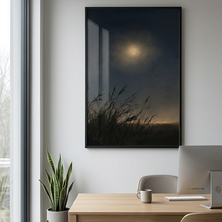 Atmospheric Moonlit Landscape Print - Indigo Sky with Warm Gold Light