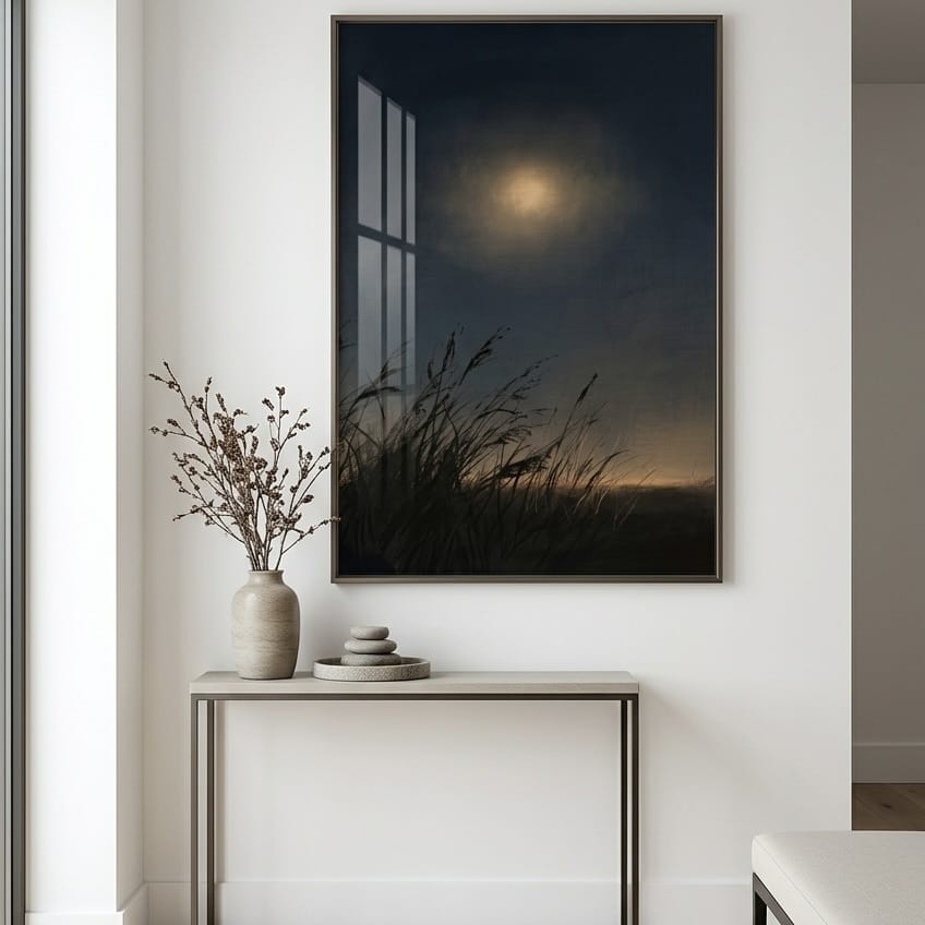 Atmospheric Moonlit Landscape Print - Indigo Sky with Warm Gold Light
