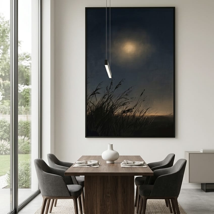 Atmospheric Moonlit Landscape Print - Indigo Sky with Warm Gold Light