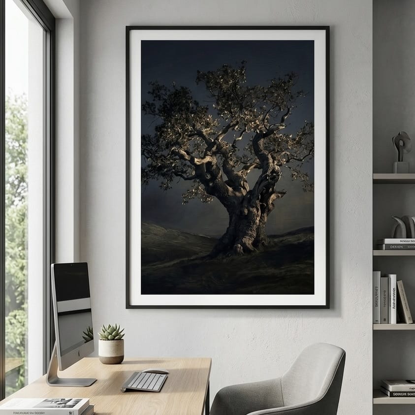 Moody Ancient Tree Wall Art - Dark Blue