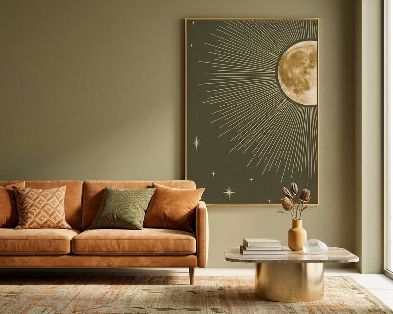 Mystical Golden Moon & Stars Celestial Art Print