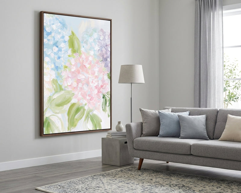 Pastel Hydrangea Wall Art Print, Large Impressionist Floral Canvas, Soft Blue Pink Lavender Flower Painting, Textured Botanical Decor