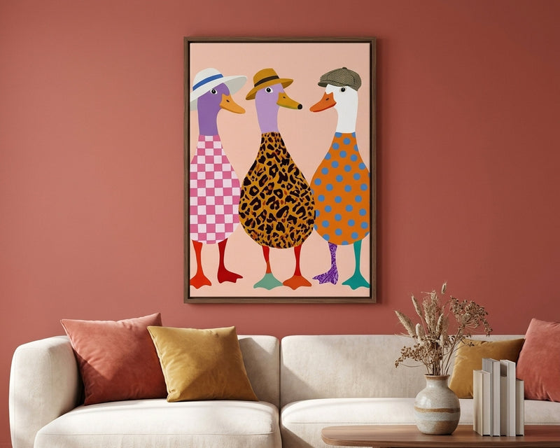 Quirky Dressed Ducks Wall Art, Colorful Animal Fashion Print, Whimsical Nursery Decor, Playful Bird Illustration
