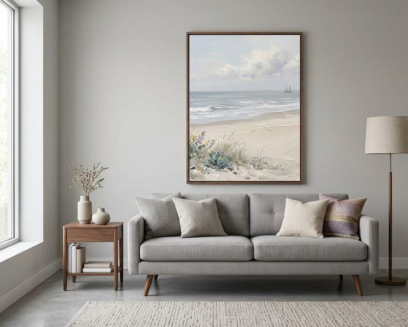 Serene Coastal Beach Painting, Ocean Landscape with Distant Sailboat & Wildflowers, Textured Seascape Art Print, Muted Blue & Beige Wall Art Decor