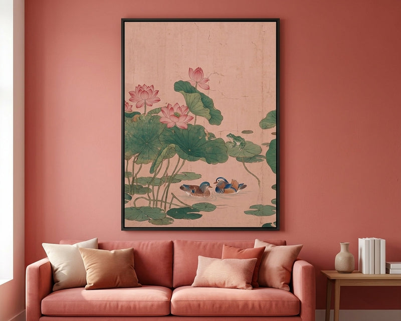 Serene Lotus Pond Art Print, Mandarin Ducks & Frog, Pink & Green Botanical Asian Wall Art, Tranquil Chinoiserie Decor