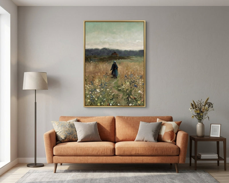 Serene Wildflower Meadow Path Art Print, Rustic Landscape Painting, Muted Nature Wall Art, Farmhouse Cottagecore Decor, Woman in Field