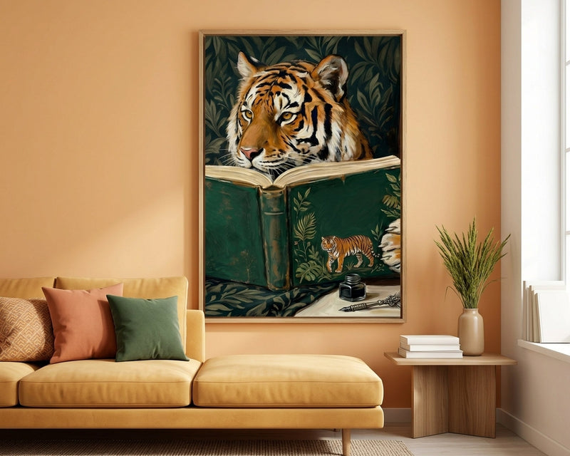 Sophisticated Tiger Reading Art Print, Whimsical Animal Portrait, Dark Academia Library Decor, Unique Feline Gentleman Wall Art