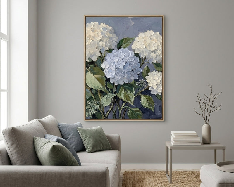 Textured Impasto Hydrangea Art Print, White & Blue Floral Canvas Painting, Modern Botanical Wall Decor