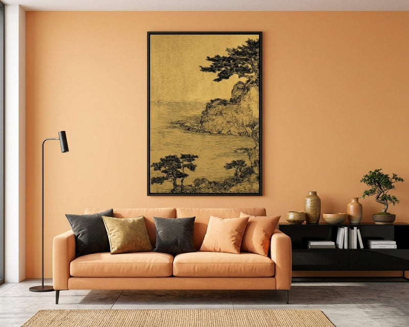 Tranquil Shore Japanese Art Print, Gold Zen Landscape Wall Art, East Asian Ink Wash Painting, Sailboat Serene Decor