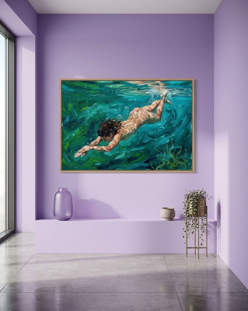 Underwater Swimmer Art Print, Impressionist Nude Woman Painting, Ocean Teal Green Wall Art, Serene Bathroom Decor, Abstract Brushstroke Canvas