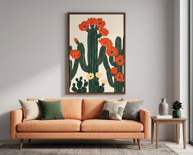 Vibrant Cactus Bloom Art Print, Southwestern Desert Wall Decor, Modern Botanical Cacti Terracotta Flower Poster, Minimalist Green Plant Art