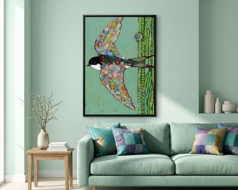 Vibrant Floral Bird Art Print, Whimsical Swallow Mixed Media Wall Decor, Colorful Botanical Boho Abstract Art, Modern Eclectic Home Decor