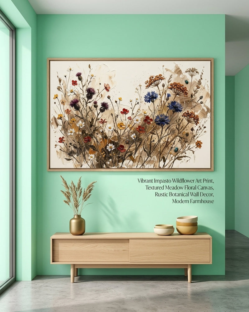 Vibrant Impasto Wildflower Art Print, Textured Meadow Floral Canvas, Rustic Botanical Wall Decor, Modern Farmhouse
