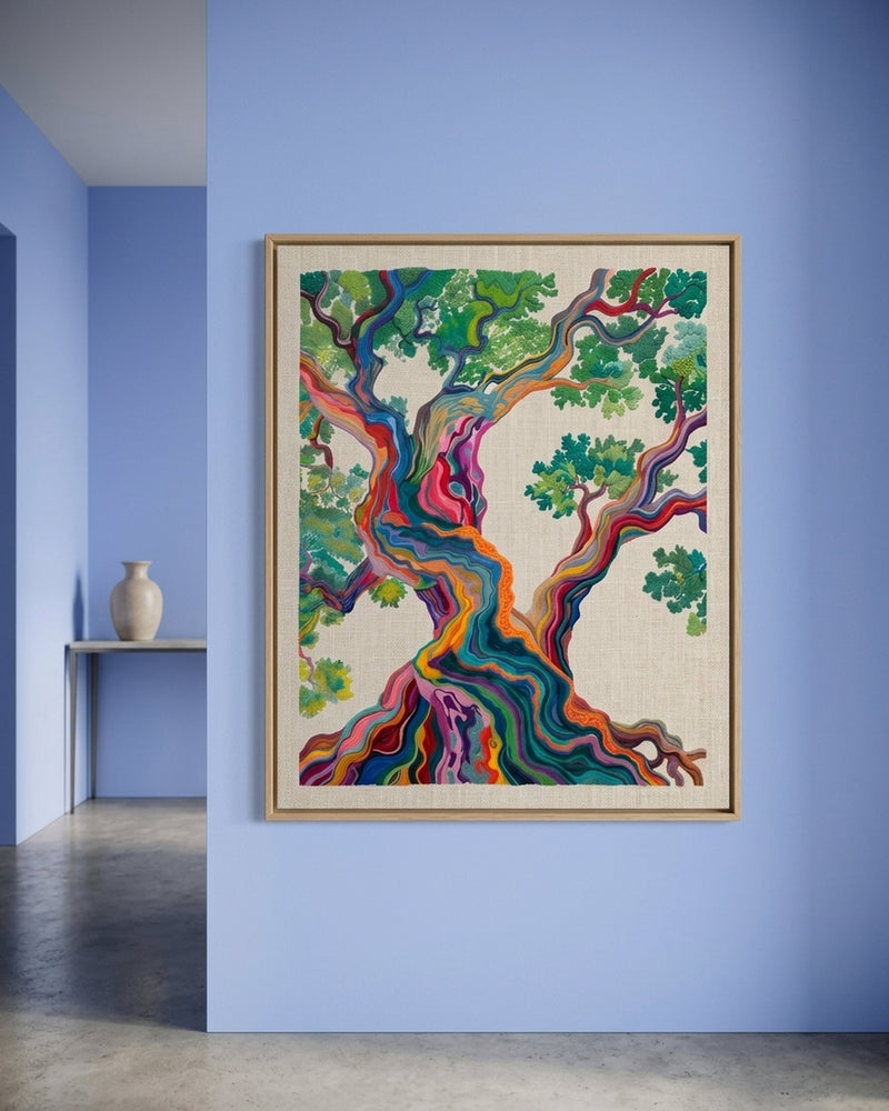 Vibrant Tree of Life Wall Art, Colorful Abstract Embroidered Tree Print, Whimsical Nature Textile Art, Boho Maximalist Decor