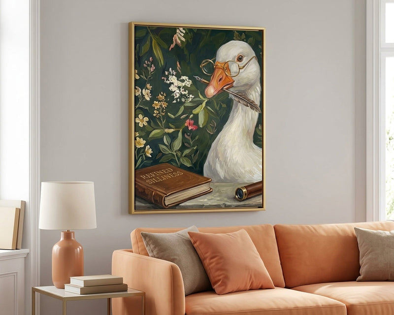Whimsical Goose with Glasses Art Print - Refined Silliness Book, Dark Academia Decor, Quirky Animal Wall Art, Library Office Art Gift