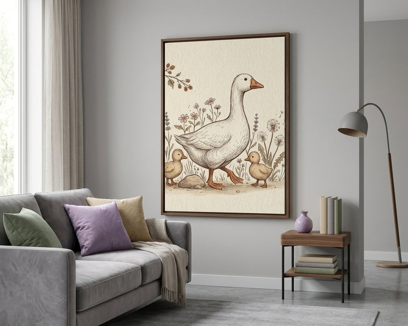 Whimsical Mother Goose & Ducklings Art Print, Farmhouse Nursery Decor, Cottagecore Nature Illustration, Rustic Baby Animals Wall Art