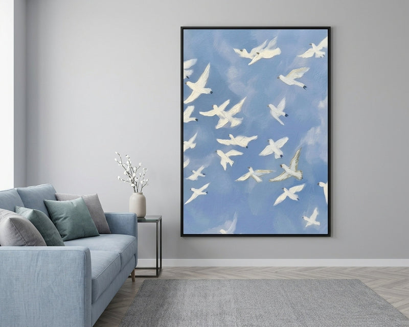 White Birds Flying Art Print, Serene Blue Sky Doves Painting, Peaceful Nature Wall Decor, Minimalist Coastal Farmhouse Living Room Art