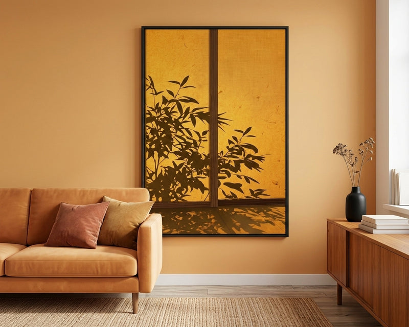 Zen Bamboo Shadows Wall Art Print, Japanese Shoji Screen Golden Hour Sunlight, Minimalist Nature Home Decor